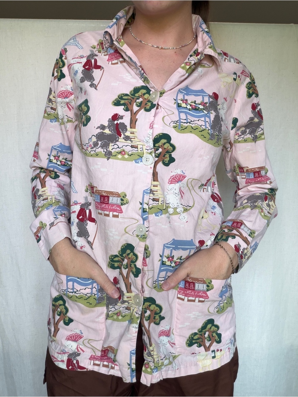 vintage RARE Nick&Nora poodles in paris pink button front long sleeve shirt S - Picture 2 of 5